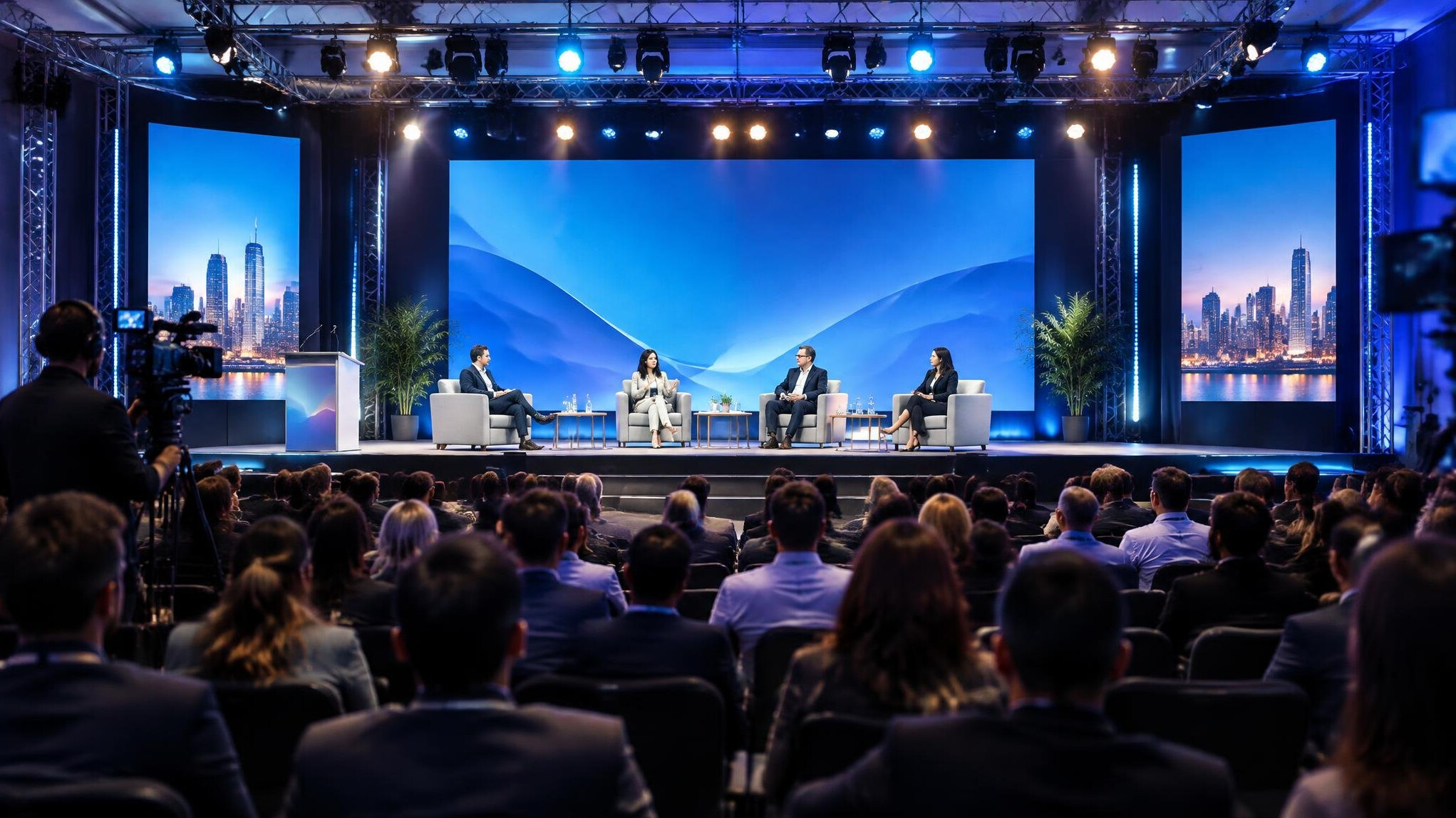 Conference stage with lighting rigs and an audience