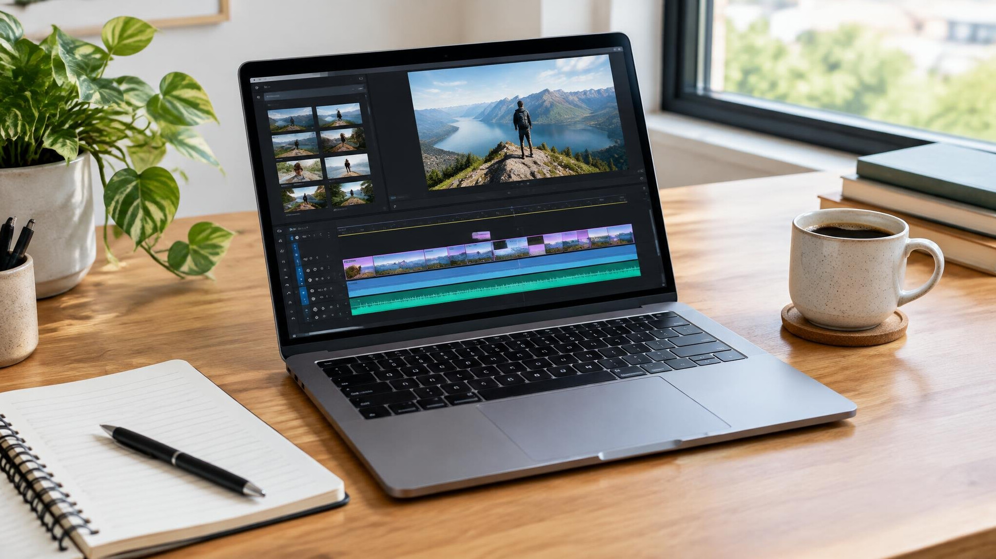 Laptop on a desk showing editing workflow software