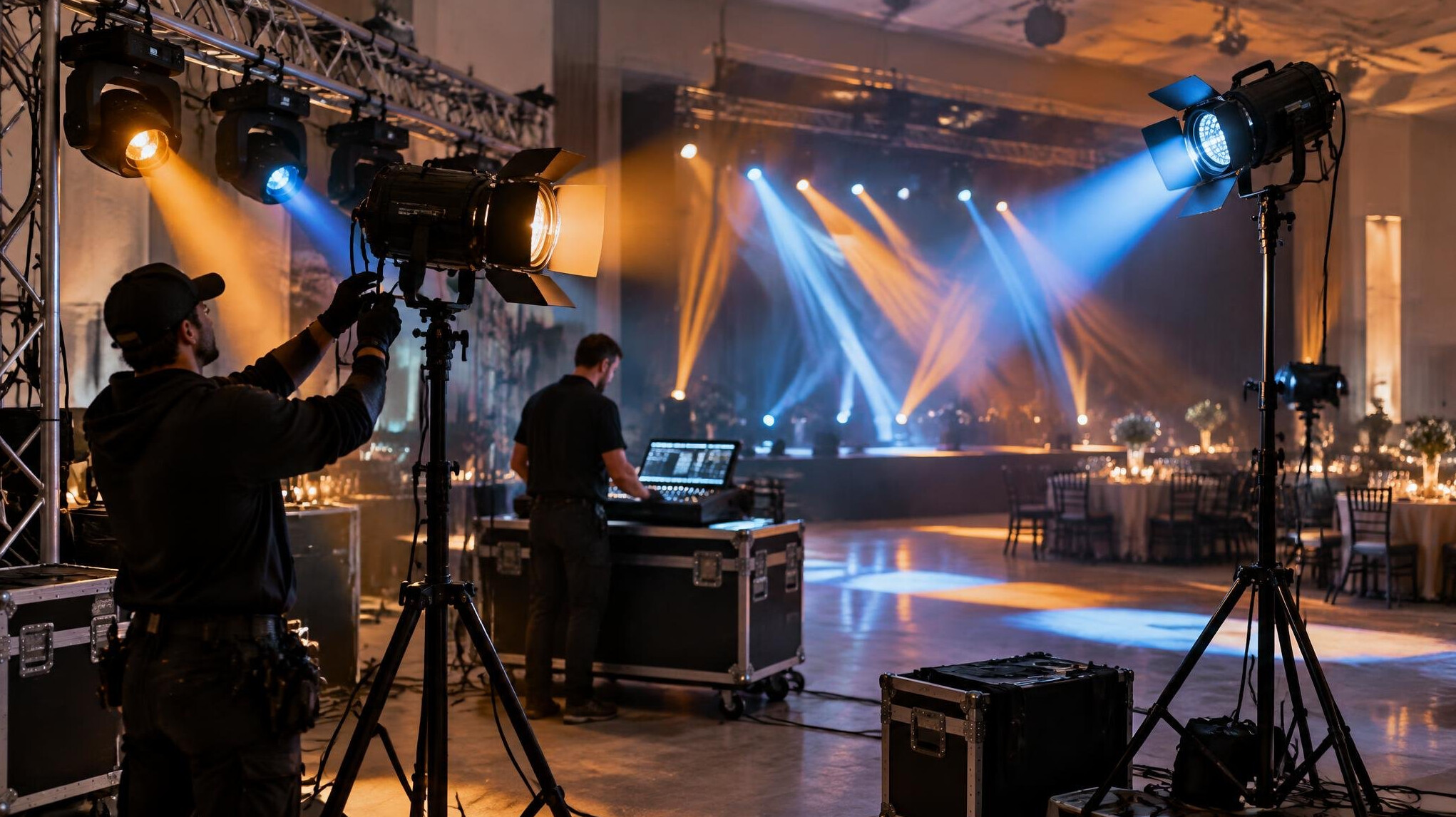 Stage lighting setup at an evening event