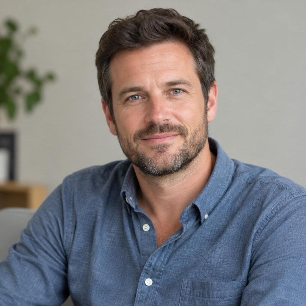 Portrait of a man with a short beard in a casual shirt