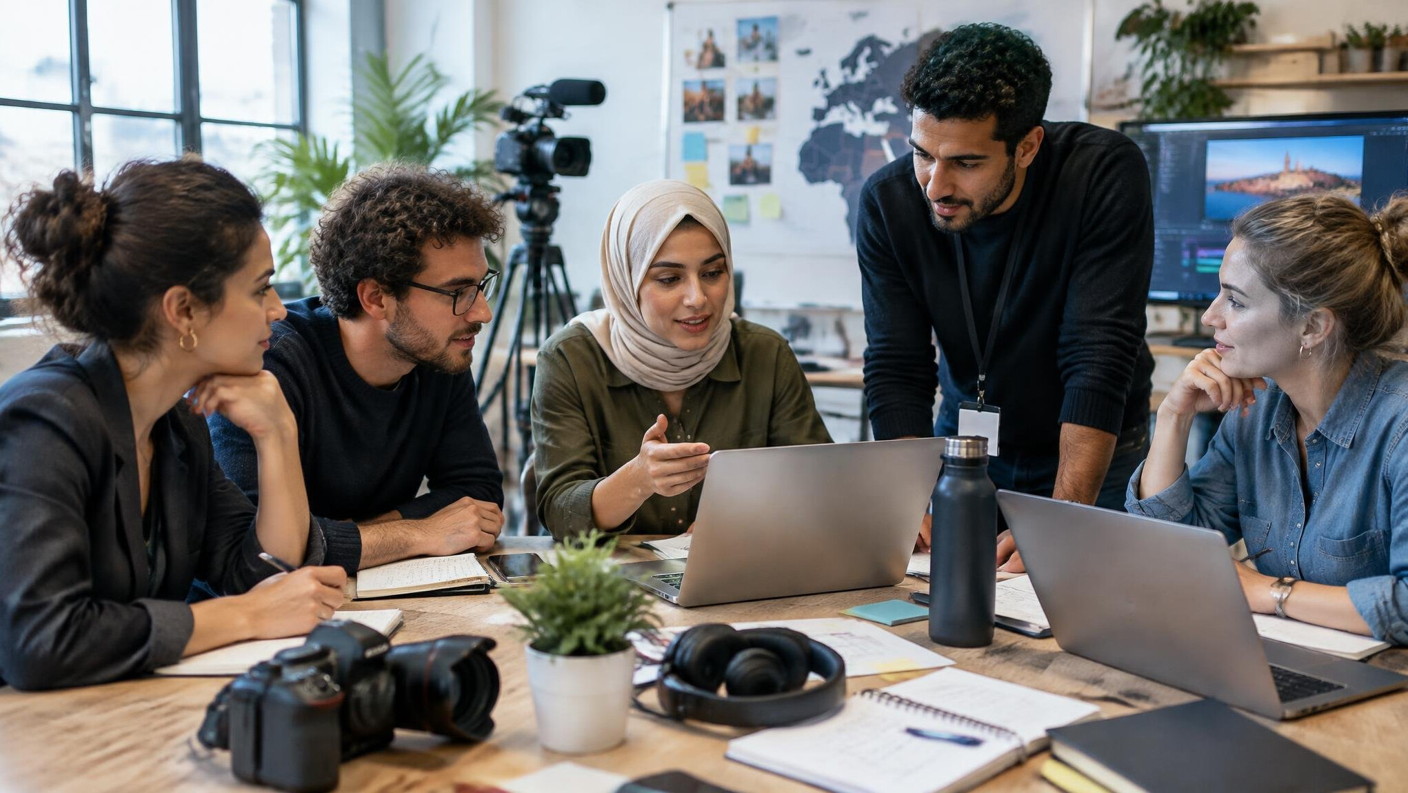 Team of media professionals collaborating around a table